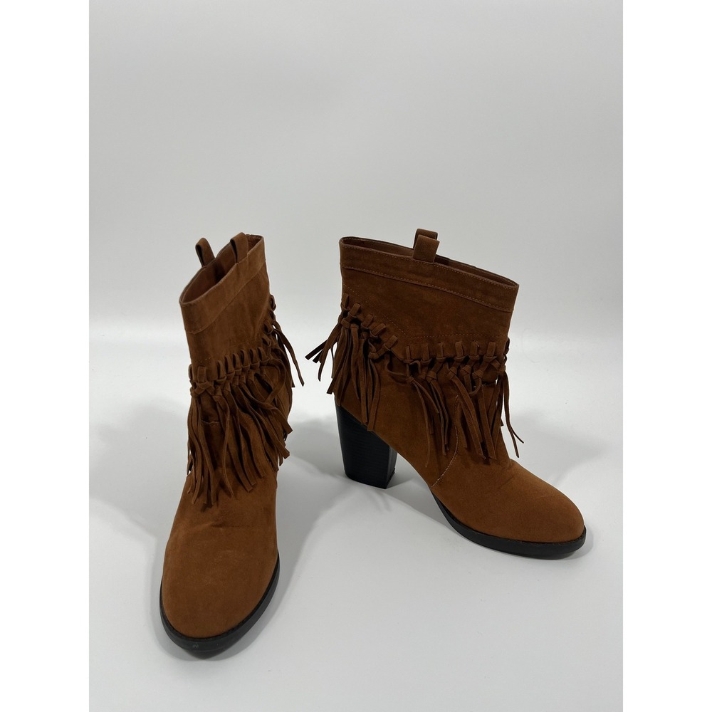 Women Heel Boots 9 Brown Faux Suede Fringe Western Rodeo Cowboy Concert Festival